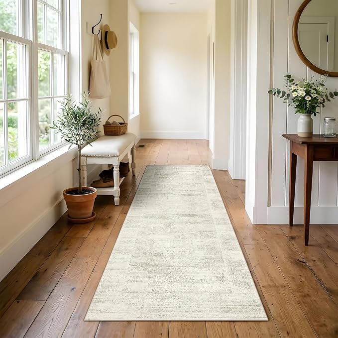 Latte&Fog Washable Hallway Runner Rug 2x6 Non Slip Ivory Rugs for Kitchen | Neutral Low Pile Soft Throw Rug Doormat for Entrance Bathroom Laundry Bedside Bedroom Nursery Playroom Hallyway Dorm Office