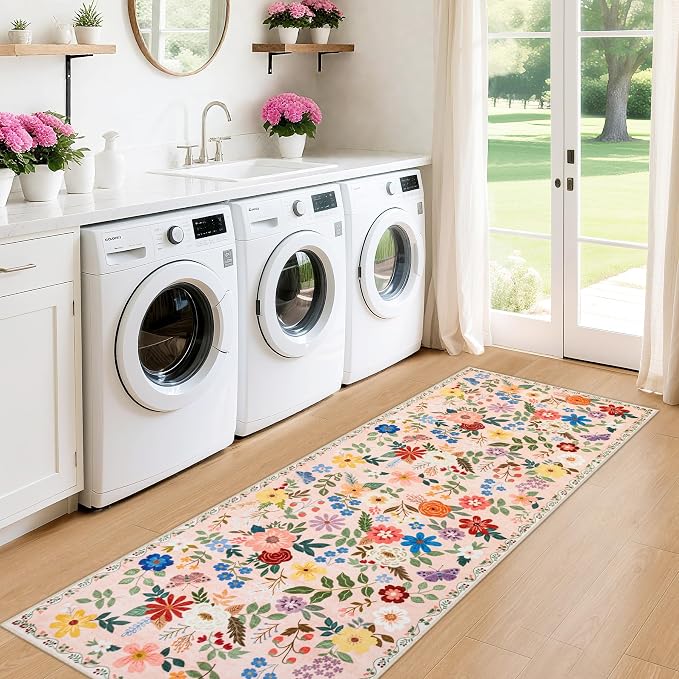 PLHXFR 2.6x8 Washable Runner Rug：Floral Indoor Kitchen Soft Carpet Beige | For Hallway Bedroom Kitchen Laundry Bathroom Dorm,Vintage Floral,Machine washable,Non Slip,Stain Resistant,Indoor Floor