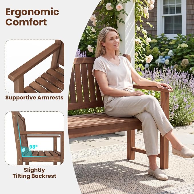 Tangkula 2-Seater Outdoor Wooden Bench, Garden Loveseat Bench with Backrest, Armrests, Slatted Seat, Loads up to 660 LBS, Fir Wood Bench Seating for Porch, Backyard, Deck, Poolside (45.5",Brown)
