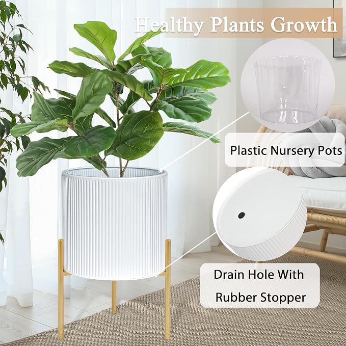 ARNIS Modern Plant Pots, Set of 2 Round Large Planters with Stand, Large Size Metal Pots with Drainage Holes for Living Room, Office, Garden or Balcony, 10.5 &12.25 Inch, White & Gold