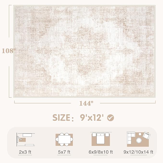 Area Rug 9x12 Vintage Rugs: Large Washable Living Room Rug Retro Medallion Distressed Soft Low Pile Non-Slip Rugs Indoor Floor Carpet for Bedroom Dining Table Office (Beige/Brown,9'x12')