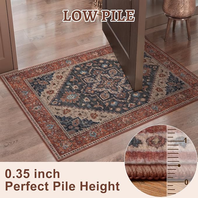 Tangsoo Vintage 4x6 Washable Area Rugs for Living Room, Indoor Non Slip Rug | Oriental Machine Washable Large Rug Carpet, Boho Soft Low Pile Foldable Indoor 4x6 Rug for Dining Room Bedroom Dorm Rust/Dark