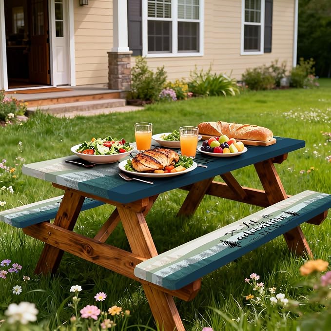 Picnic Table Cover with Bench Covers, Rectangle Tables, Waterproof Elastic Fitted Tablecloths for 6 Foot, Washable Tablecloth for Camping, Outdoor (Green, 30"x60")