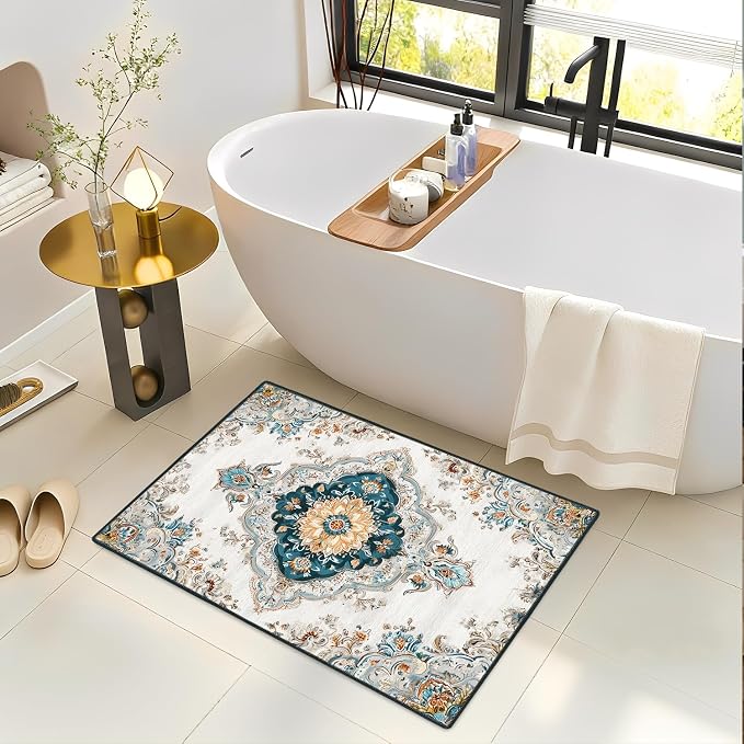 White Gold Floral 2x3 Entry Rug,Washable Small Rugs for Entryway Kitchen Bathroom Door Mat Indoor Entrance,Non Slip Rubber Backing, Stain & Fade Resistant,Elegant Traditional Persian Decor