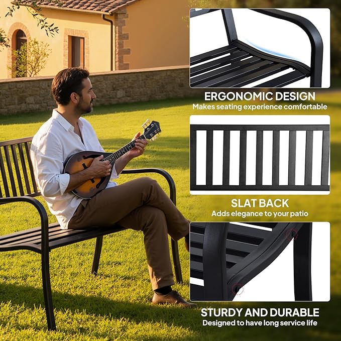 Outsunny 50" Outdoor Garden Bench, Patio Bench with Slatted Seat, Metal Porch Benches for Backyard, Poolside, Lawn, Black