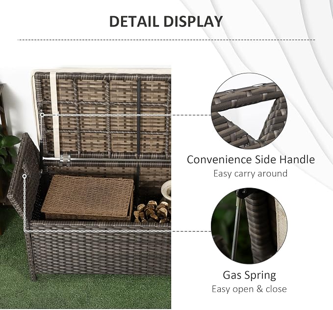 Outsunny 29 Gallon Patio Wicker Storage Bench, Outdoor PE Rattan Furniture, 2-in-1 Large Capacity Rectangle Garden Storage Box with Handles and Cushion, Cream White
