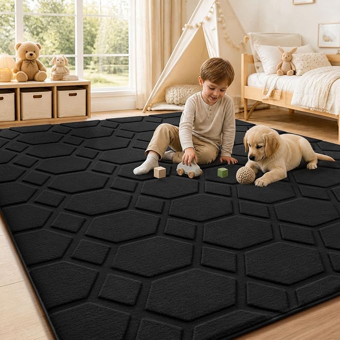Sour Lemon Area Rugs 9x12 Living Room Bedroom, Large Carpet Black Rug | Big, Geometric Alfombra Para Salas Modernas, Washable, Non Slip Soft Thick Fluffy Plush, Memory foam Rug for Kids Playroom
