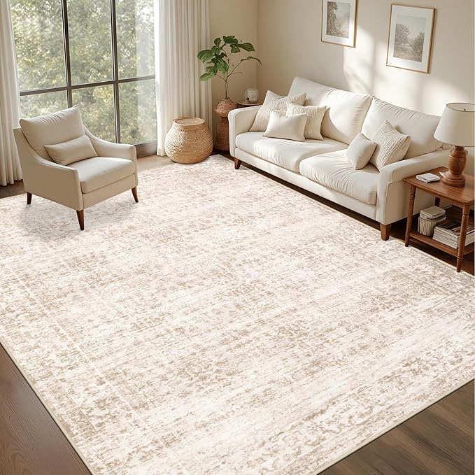 6x9 Area Rugs Living Room: Washable Rug for Bedroom Beige Brown | Boho No Slip Stain Resistant Rug Soft Indoor Decor Floor Floral 6x9 Area Rugs for Dining Room, Nursery, Hallway, Home Office