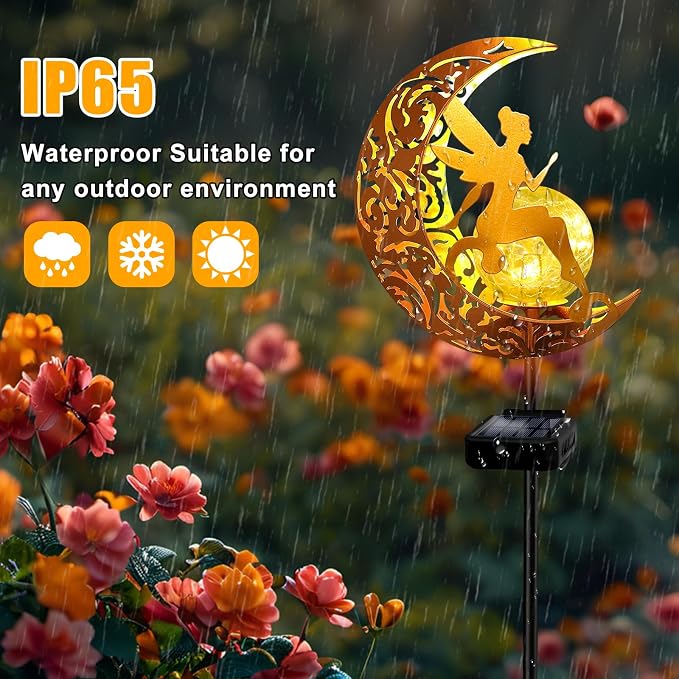 2 Pack Solar Garden Lights Waterproof, Pathway Stake Lights, Gift for Women Mom Grandma Wife Daughter, Moon Fairy Glass Globe with Angel Decor, Outdoor Decor Lights for Walkway Yard Lawn Patio Garden