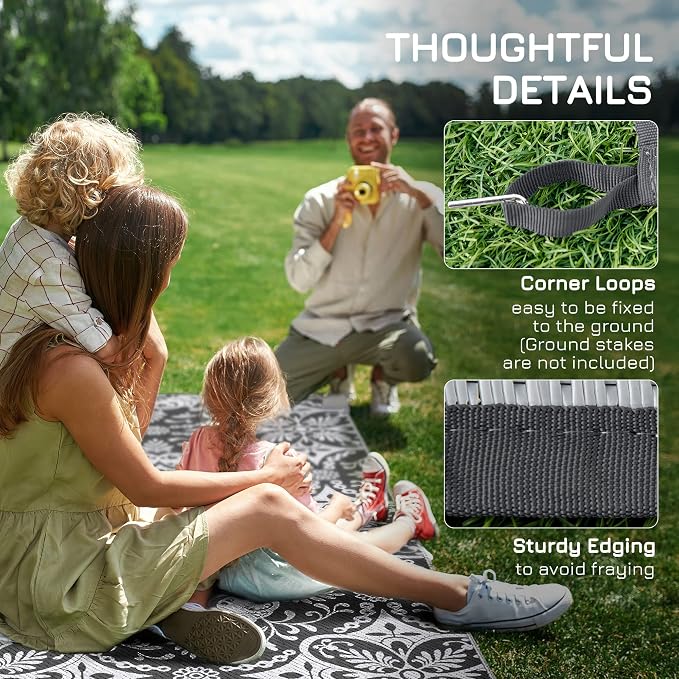 Outsunny Outdoor Rug for Patio, 9' x 18' Waterproof Large Mat, Reversible Plastic Straw Rug for Decor, Portable Outside RV Camping Area Carpet Mat for Backyard Porch Deck Picnic, Gray & White Floral