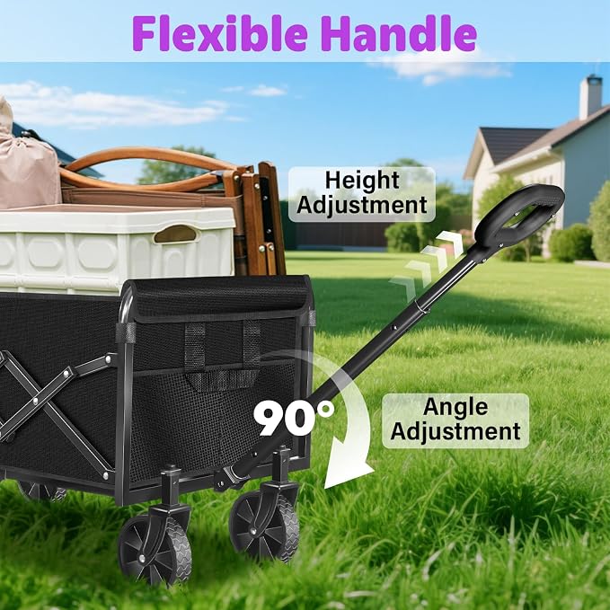 Wagons Carts Foldable,280 LBS Large Capacity Foldable Wagon Cart Collapsible Wagon with Wheels & Drink Holders,Utility Folding Cart for Camping Garden Beach Picinic Grocery Outdoor Shopping(Black)
