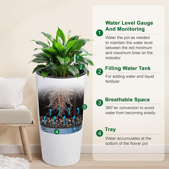 Garvee Tall Planters for Outdoor Plants, 30 in Large Planters Set of 2, Outdoor & Indoor Planters with Water Level Monitor ＆ Inner Bucket, Automatic Watering, for Porch, Patio, Backyard, White