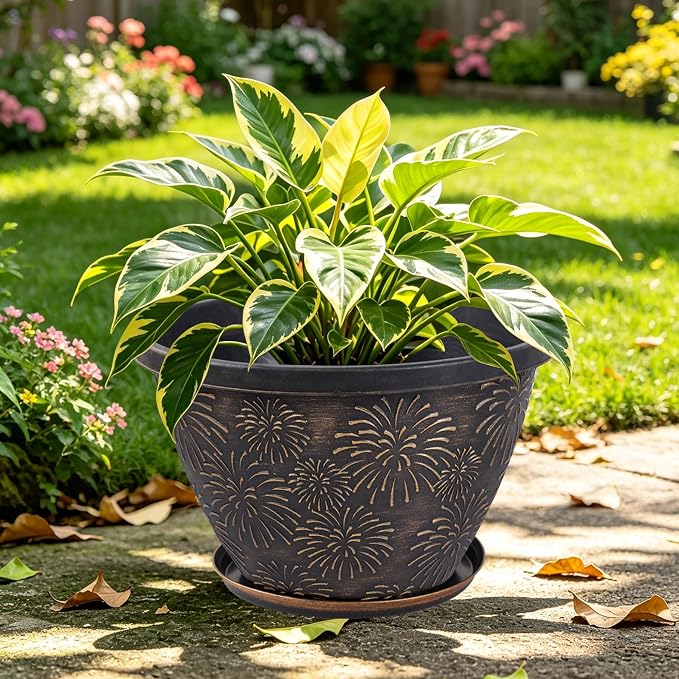 Nooulap 4 Pack 16 Inch Large Plant Pots with Drainage Holes and Saucers,Firework Embossed Plastic Planters, Flower Pots for Indoor Outdoor, Perfect for Large Plants, Trees, Patio and Home Decor