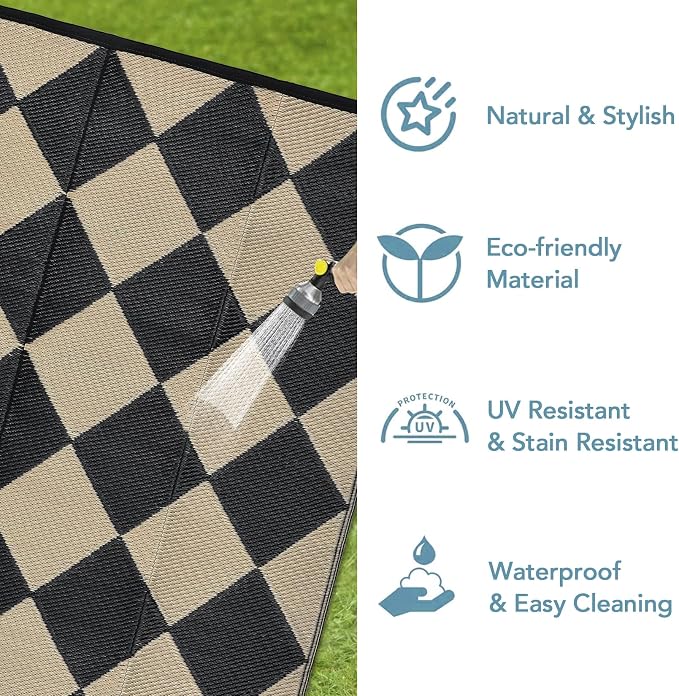 Garvee Outdoor Plastic Straw Rug 10x14 Patio Rug Waterproof Reversible Mat Lightweight Carpet Easy Clean Foldable Large Camping Rugs for Backyard Porch RV Beach Balcony Deck Picnic Checkered Beige