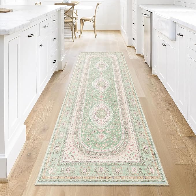 Washable Runner Rug 2x8,Long Boho Green Rug Runners for Hallways | Non Slip Rugs for Bedroom Entryway Living Room Bathroom,Vintage Bohemian Distressed Oriental Floor Carpet,Sage Blush Floral