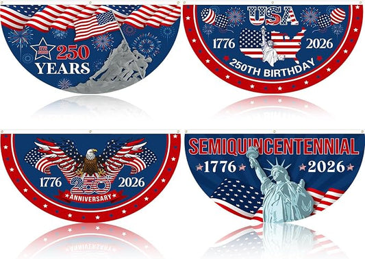 Tudomro 4 Pcs 250th Anniversary USA Bunting Fan Flag for Outdoor 1.5x3 ft 1776-2026 American Anniversary Bunting Flag for Outside 4th of July Patriotic Half Fan Hanging Banner Garden Decoration