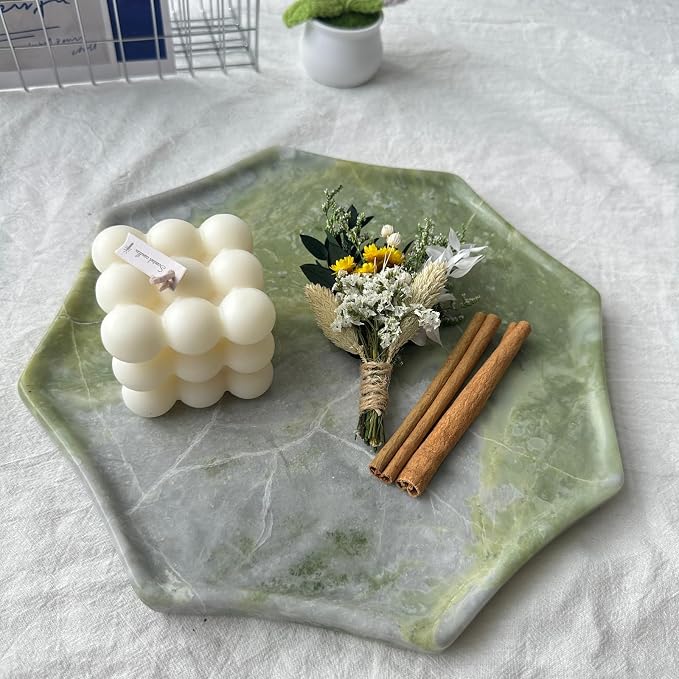 Real Natural Marble Octagon Tray 10.2in Solid Stone Decorative Plate | Luxury Green Marble Decor Tray for Candle, Jewelry, Plant. Food-Safe Solid Stone Serving Dish with Unique Veining