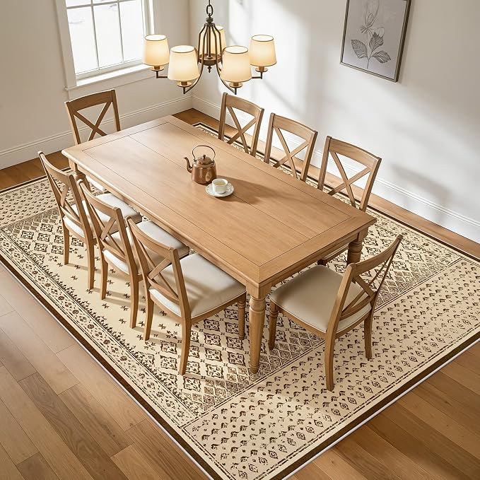Joydeco Living Room Area Rug 6x9, Geometric Washable Rugs for Bedroom | Vintage Boho Non Slip Low Pile Soft Ultra Thin Distress Indoor Throw Floor Carpet for Dining Room Home Office Farmhouse Beige
