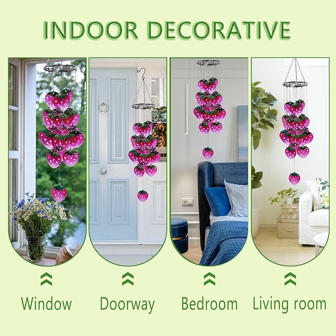Small Sea Glass Wind Chimes for Outside, Strawberry Windchimes Outdoors Unique, Sea Glass Art Wind Chimes Outdoor Gifts for Women, Hanging Outdoor Garden Decor