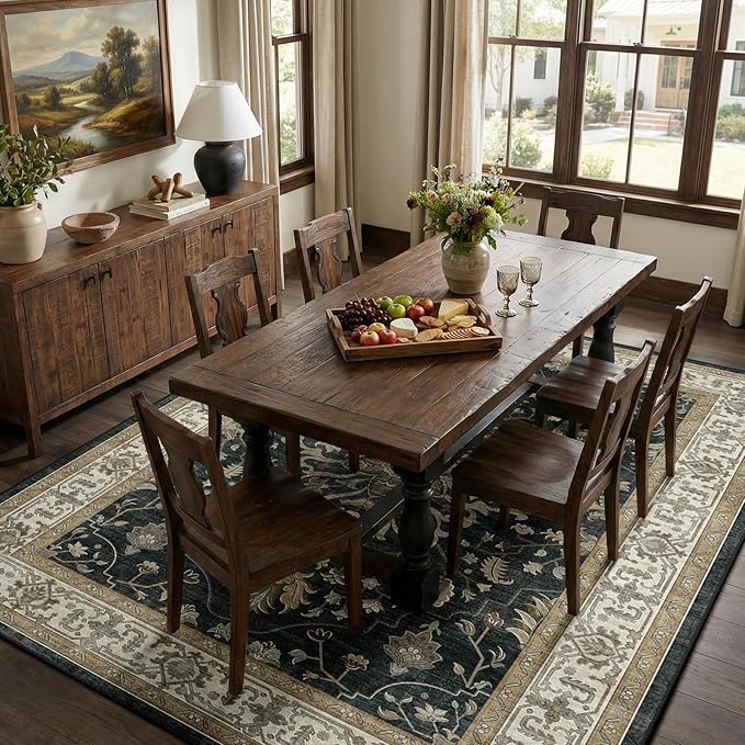 RELEANY Washable Area Rug, 7'x10', Black/Vintage/Beige | Non-Slip, Water Repellent, Pet Friendly, Easy to Clean, Vintage Floral Boho Decor for Living Room Bedroom Dining Room Office