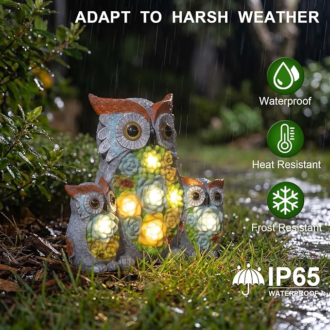 Solar Garden Statue Lights, Owl Family Decor with LED Succulent Flowers, Cute Solar Owl Figurines, Waterproof Resin Outdoor Yard Art for Patio Lawn Porch, Garden Gifts for Women Mom Grandma