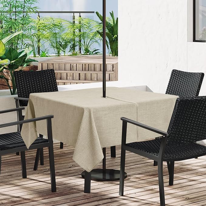 LUSHVIDA Outdoor Tablecloth with Umbrella Hole - Patio Table Cloth Zippered Square 60x60 Inch, Linen-Look Polyester Table Cover Water Resistant for Picnic Outside, Natural Color