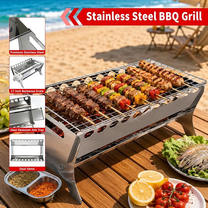 Portable Charcoal Grill, Stainless Steel Folding BBQ Grill, Heavy Duty Camping Fire Pit, Tabletop Charcoal Grills for Outdoor Cooking, Picnic, Tailgate, Beach, Backyard, 17 * 10.3 * 8.7 inch