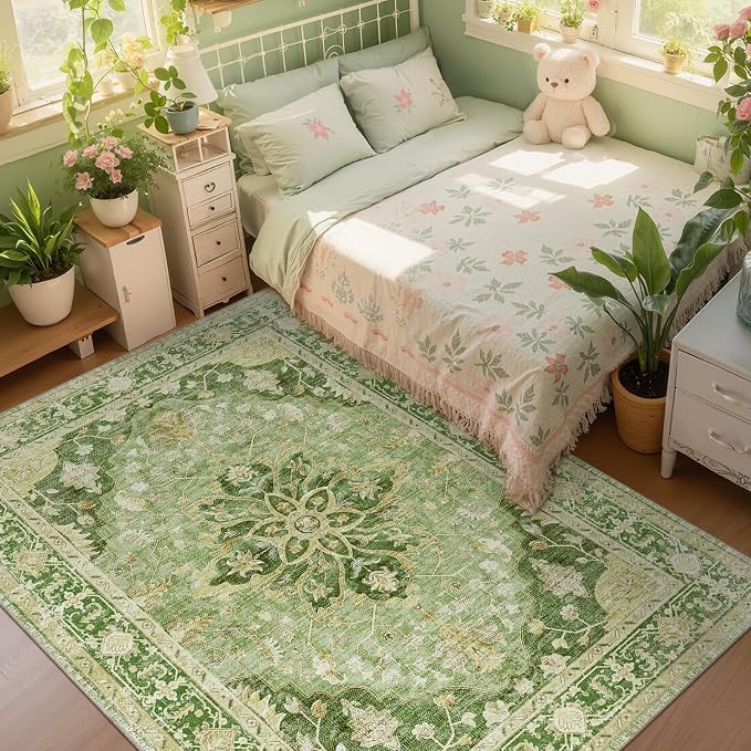 RELEANY Washable Area Rug, 6'x9', Green/Yellow | Non-Slip, Water Repellent, Pet Friendly, Easy to Clean, Vintage Floral Boho Decor for Living Room Bedroom Dining Room Office
