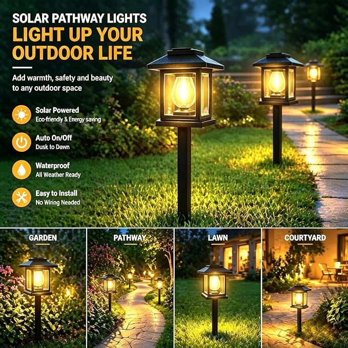 8-Pack Solar Pathway Lights - High-Efficiency Polycrystalline Panels for All-Night Glow - IP65 Waterproof Outdoor Landscape Lighting for Garden, Walkway & Driveway Security (Black)
