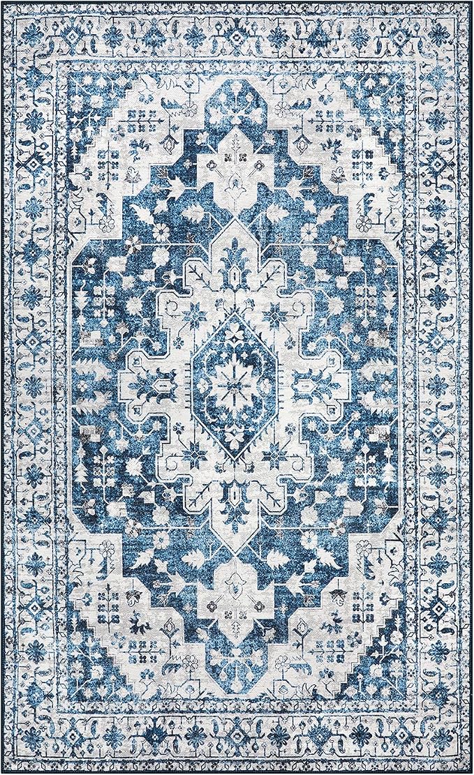 Moynesa Ultra-Thin Washable Area Rug - 3x5 Blue Kitchen Rugs Washable Rugs for Entryway Non Slip Front Door Mat, Non Shedding Low Pile Lightweight Indoor Carpet for Dorm Basement Foyer Living Room