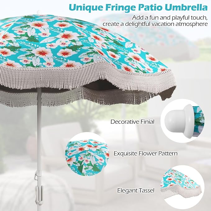 HAPPYGRILL 6.5 FT Outdoor Fringe Beach Umbrella, UPF50+ Sun Protection, Portable Sunshade with Carrying Bag, Push Button Tilt, Patio Tassel for Garden Lawn Poolside Table, Green