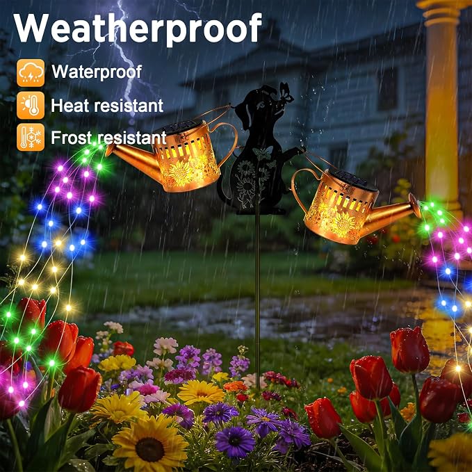 2 Pack Solar Watering Can Lights, Metal Solar Lights Outdoor Decorative with Dog Silhouette Stake, Waterproof Hanging Lantern Garden Decor Light for Outside, Patio, Yard, Birthday Gifts, Multicolor