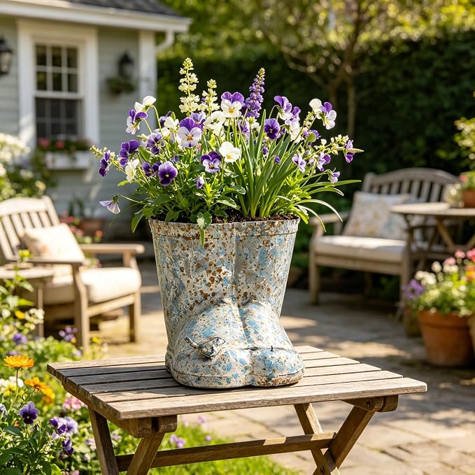 Vintage Galvanized Metal Rain Boot Planter with Bird Accent, Rustic Farmhouse Boot-Shaped Flower Pot, Decorative Indoor Outdoor Planter for Succulents, Herbs, Garden & Porch Decor