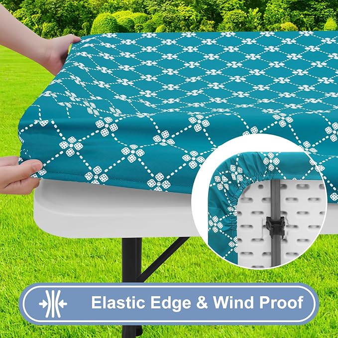 misaya Rectangle Vinyl Table Cloth, Elastic Fitted Tablecloth with Flannel Backing, Waterproof Plastic Table Cover Fits 6 Foot Folding Tables for Picnic, Camping, Indoor and Outdoor (Teal, 30" x 72")