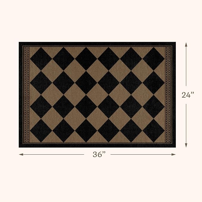 2x3 Elegant Farmhouse Checkered Kitchen Rug, Easy Jute Style Front Door Mat, Non-Slip Washable Soft Area Rug, Non-Shedding Low Pile Carpet for Entryway, Kitchen Sink, Porch & Doorway, Brown & Black
