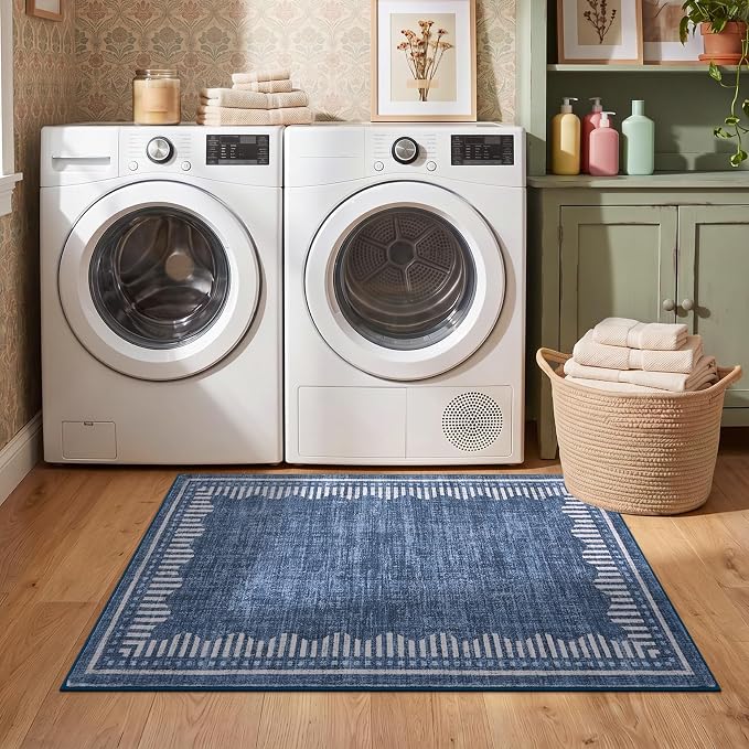 Garvee Small Area Rugs 2x3 Blue Washable Entryway Scalloped Throw Carpet | Non Slip Solid Color Low Pile Living Room Bedroom Rugs Pet Friendly Modern Geometric Kitchen Front Door Nursery Doot Mat