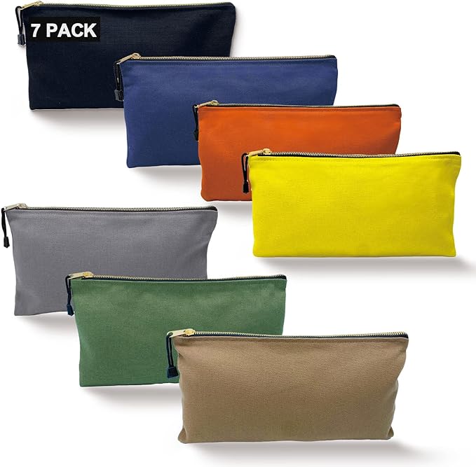 Heavy Duty Canvas Tool Bag Organizer, 7 Pack Assorted Colors 12.5″ x 7″ | Zipper Utility Pouches, Multipurpose Storage for Tools, Craft Supplies, Electronics, Travel, Home & Workshop