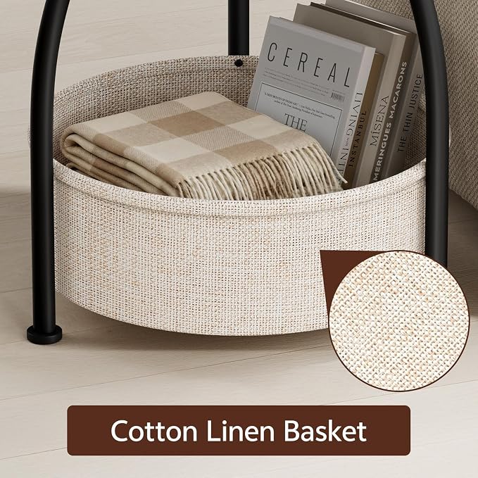 Round Side Table with Storage Basket, End Table Living Room, Greige | Round End Table, Small Bedside Table for Bedroom, 3 Tiers, Sofa Couch Side Table, Linen Storage, Greige 15.75in