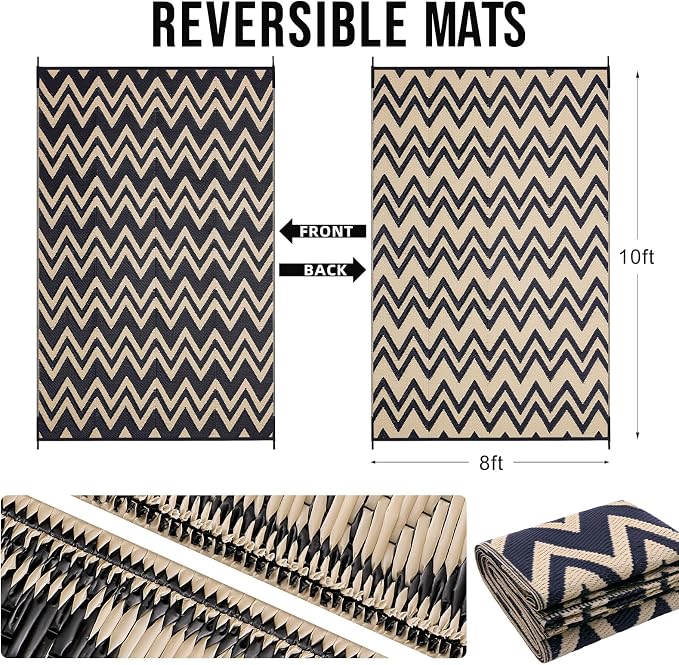 OLANLY Waterproof Outdoor Rug 9x12 ft Clearance, Reversible Outdoor Plastic Straw Rug, RV Mat, Indoor Outdoor Carpet for Patio, Camping, Balcony, Deck, Backyard, Black & Beige