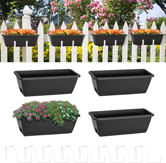 smusei Railing Planter Box 4 Pack Window Boxes Planters with Flower Box Brackets, 17’’ Rectangle Balcony Deck Railing Hanging Planters for Outdoor Fence Garden Patio Plants