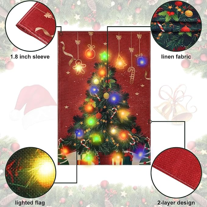 Lighted Christmas Garden Flag for Outside, Solar LED Xmas Tree Flag Decoration, 12x18 Double Sided Outdoor Yard Lawn Decor