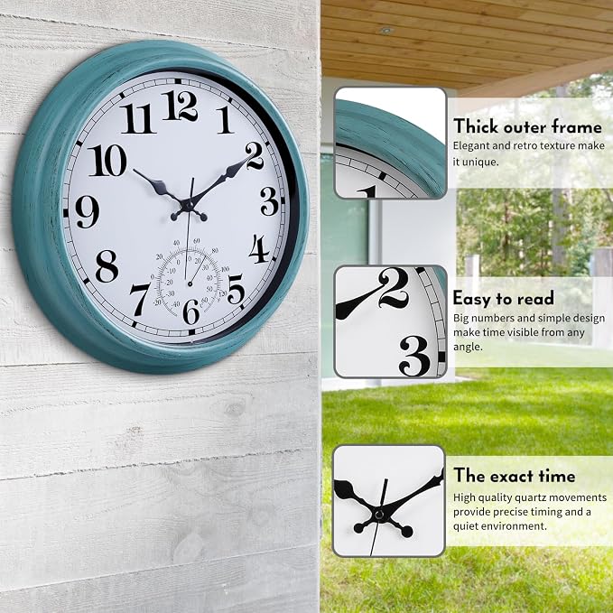 16 Inch Large Outdoor Clock Retro Waterproof Clock Non-Ticking Indoor/Outdoor Wall Clock with Thermometer, Battery Operated for Pool, Patio, Garden, Green