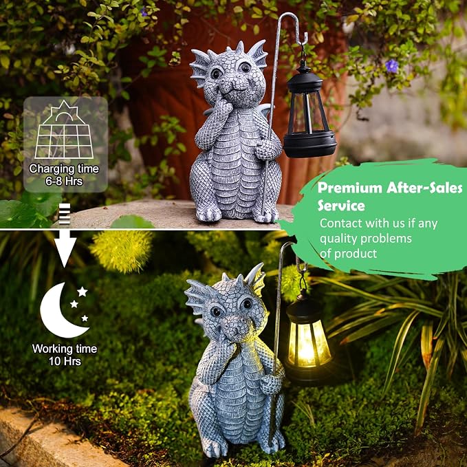 Qeeman Solar Dragon for Garden Decor: Weatherproof Resin Statues | Warm Glow Lantern Outdoor Decoractions for Yard Pathway Patio Porch Balcony Front, Gifts for Mom Grandma Lovers
