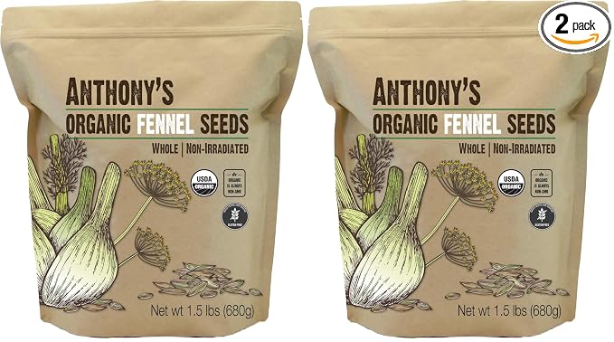 Anthony's Organic Fennel Seeds, 1.5 lb, Whole Seeds, Non-Irradiated, Gluten-Free, Non-GMO (Pack of 2)