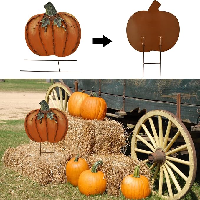 K KILIPES 17" H Metal Pumpkin Garden Stake Fall Decorations Outdoor Pumpkin Yard Sign Autumn Pumpkin Lawn Decor Decorative Garden Stake for Fall Harvest Thanksgiving Outside Patio Porch Decor