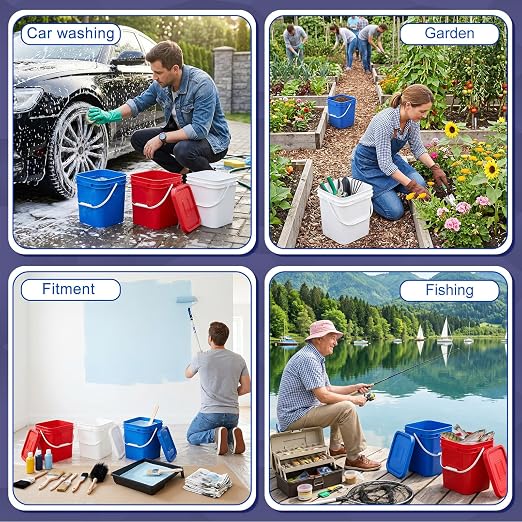 Mumufy 3 Pcs 3.5 Gallon Square Food Grade Bucket with Lid Square Bucket Pail Plastic Handles for Long Term Food Storage, Camping, Fishing, Home Organization Easy Stack and Store (White,Red,Blue)