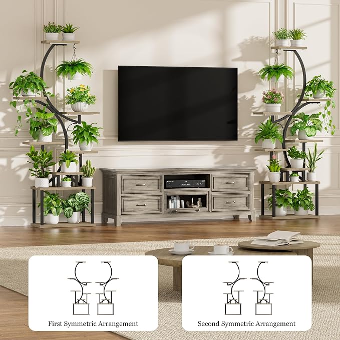 BACEKOLL Plant Stand Indoor with Grow Light - 2 Pack Tall Indoor Plant Shelf, 62" Corner Plant Holder, 8 Tiered Large S-Shape Flower Multiple Display Shelf for Home, Grey