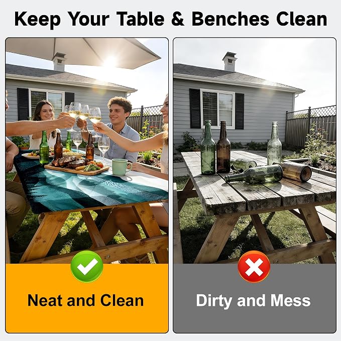 NYZE 3 Piece Picnic Cover Set Table Cover with Bench Covers, Elastic Edge Camping Tablecloth, Mountain Decorative Cover with Drawstring Bag, Camping Essentials for Outdoor Picnics, Patio, BBQ