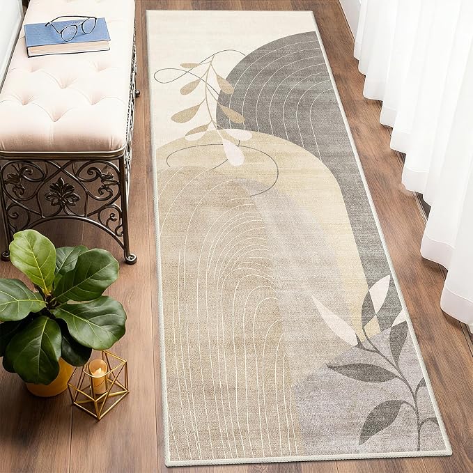 Washable Runner Rug 2x6 Area Rug Non Slip Mid Century Modern | Long Throw Carpet for Hallway Kitchen Bedroom Bedside Laundry Room Floor Boho Abstract Retro Geometric Neutral Beige