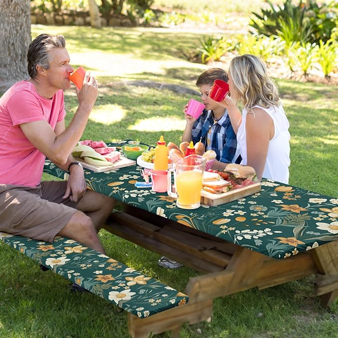 Picnic Table Cover with Bench Covers Elastic Edges, Floral Botanical Camper Fitted Table Cover, Outdoor Camping Essentials 72 Inch 3PCS, Waterproof Camping Fitted Tablecloth with Drawstring Bag